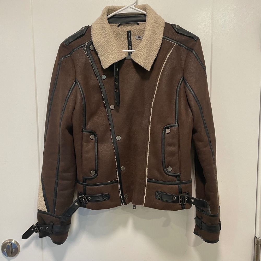 W118 by Walter Baker Brown Faux Suede Sherpa Moto Jacket W3797 Womens Medium
